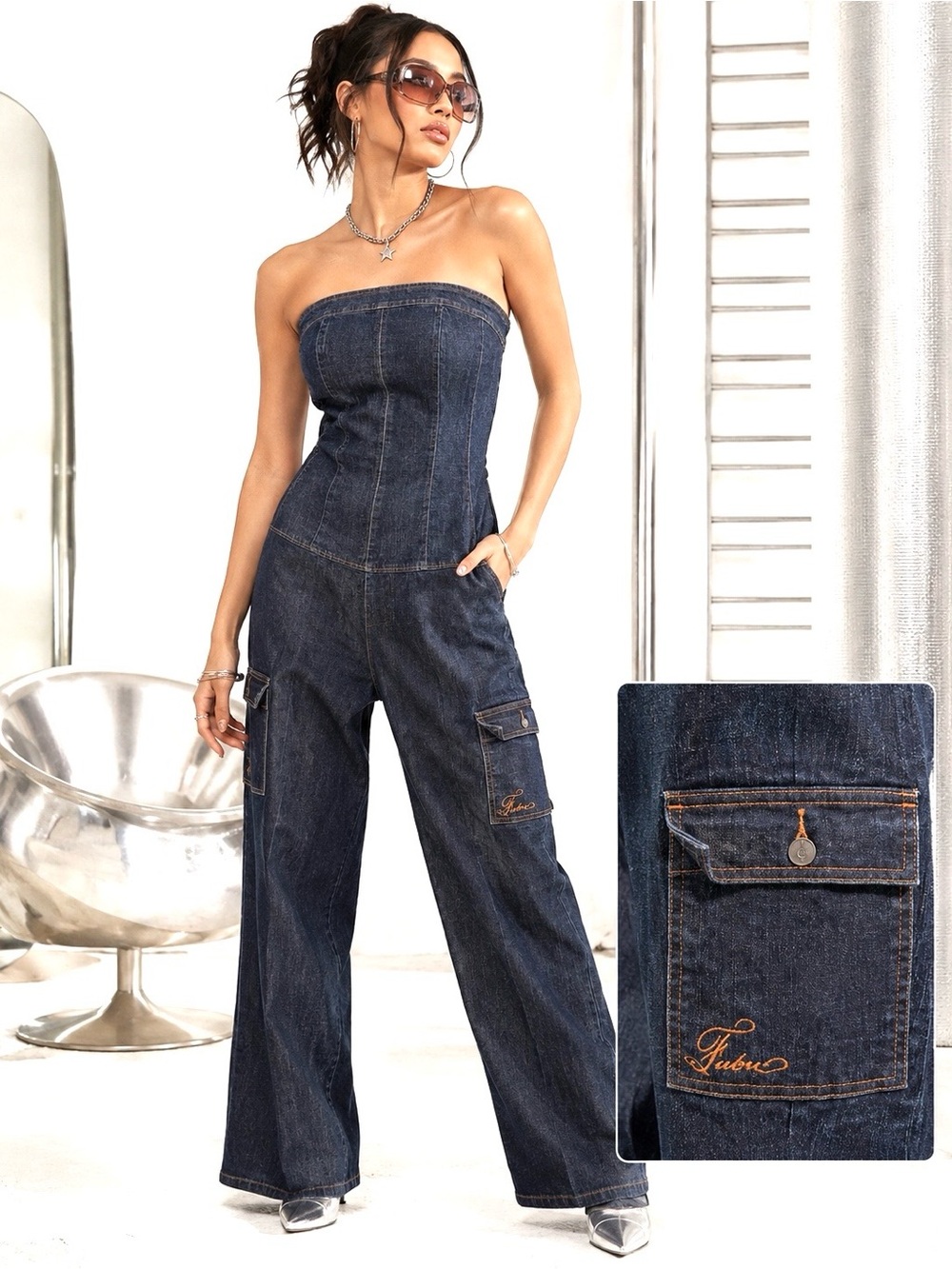 Vintage FUBU Strapless Denim Cargo Jumpsuit Women’s 14W Y2K Hip Hop